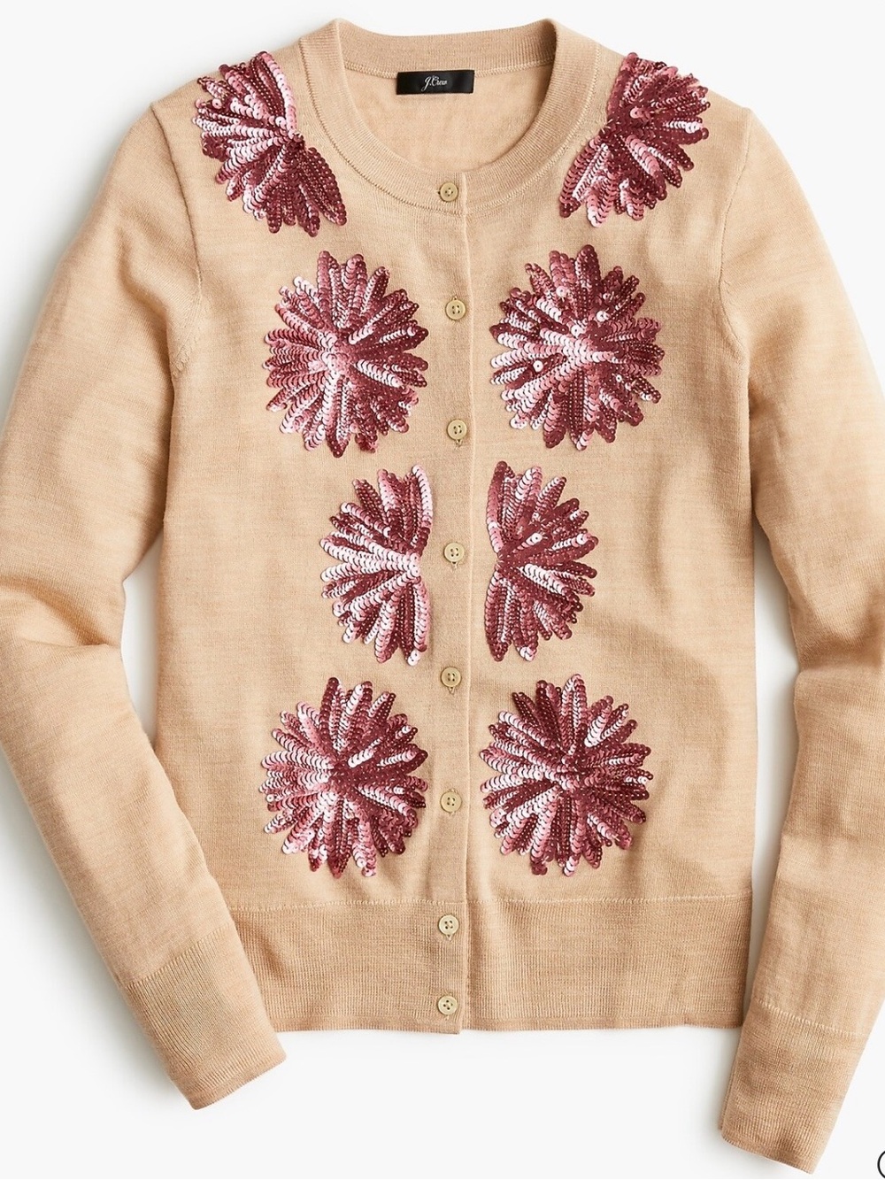 J. Crew Beige Cardigan with Pink Sequin Floral Appliqués wool  Blend size M